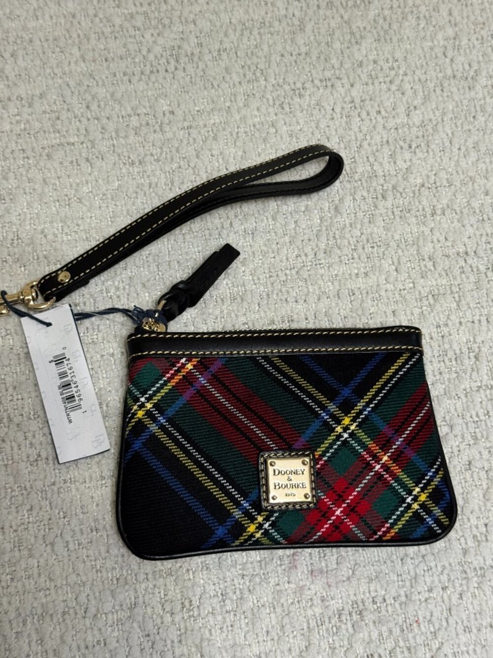 Dooney & Bourke Black Tartan Plaid Wristlet Pouch with Gold Hardware Multicolor